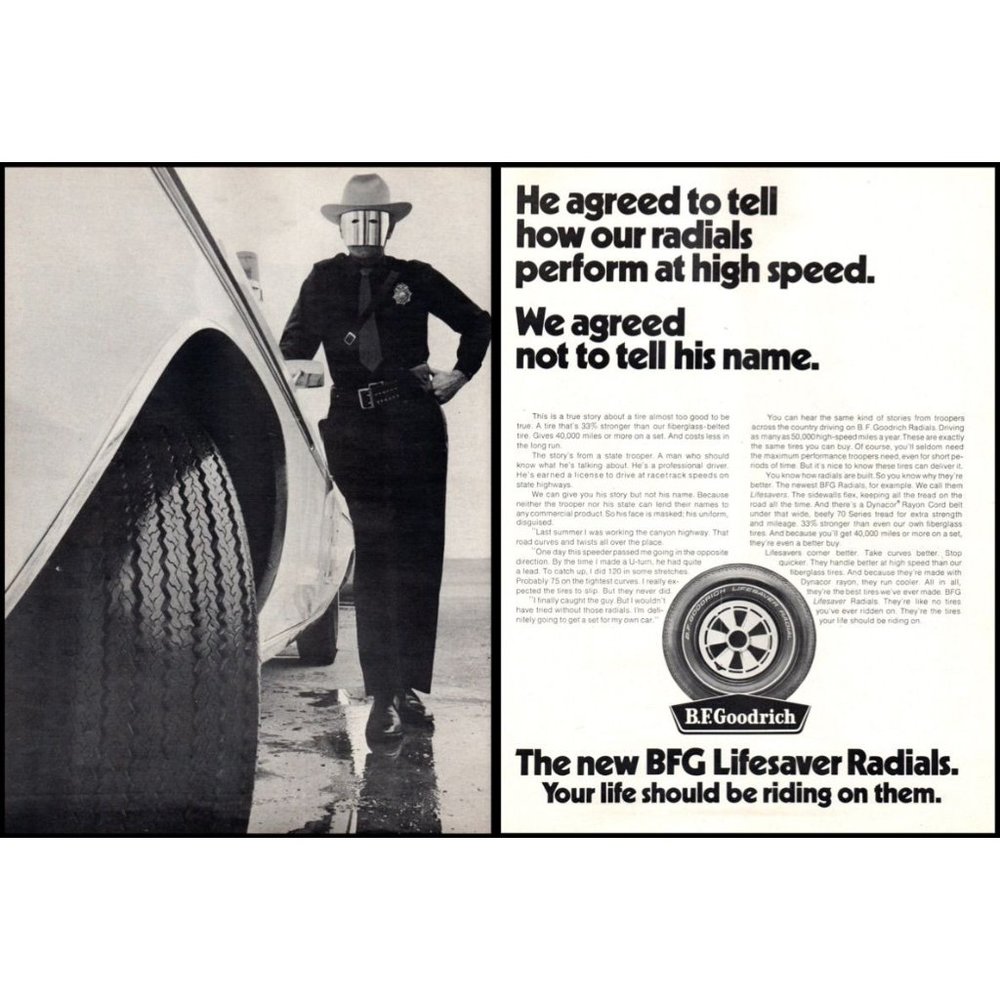 1970 BF Goodrich Lifesaver Radial Tire Vintage 2 Page Print Ad Police Wall Art